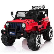 Red electric ride-on jeep with grille, round headlights, roof light bar, and chunky tires
