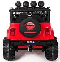 Red electric ride-on jeep rear view with tail lights, spare wheel cover, and chunky tires