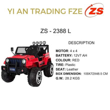 Red electric ride-on jeep shown from the side with roof lights and rugged wheel tires