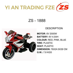 ZS-1888 6V Kids Ride-On Motorcycle – 2000W, Battery Powered, Available in Red, Pink & Blue