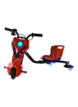 Red electric drift trike with blue patterned seat and front wheel, leather-style tires