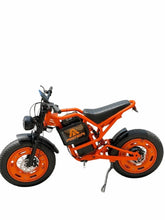 Orange electric bike with black seat and front headlight, fat tires.