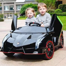 Black 2-seater ride-on electric car with red-trim wheels and open-top seats