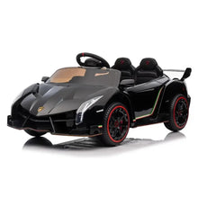 Black 2-seater ride-on electric car with steering wheel and open-top seats