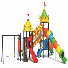Castle-themed outdoor playground set with slide, swings, and climbing wall, multicolor