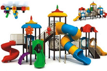 Outdoor playground set with multi-level slides, tunnels, ladders, and platforms