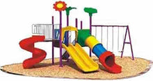 Outdoor playground set with spiral slide, yellow slide, red tunnel, and two swings
