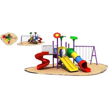 Outdoor playground set with two swings, spiral slide, yellow slide, and purple frame