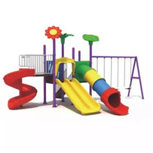 Outdoor playground set with spiral red slide, yellow slide, green arch, and swings
