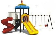Playground set with blue roof, yellow slide, red slide, swing frame