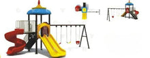 Playground set with yellow slide, red steps, swing seats, blue top