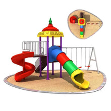 Outdoor playground set with colorful slide and swing frame, purple and red climbing structure