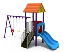 Children's outdoor playset with swings and blue double slide, purple frame and roof