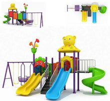 Kids playground set with purple frame, yellow and blue slides, green wavy slide, swings