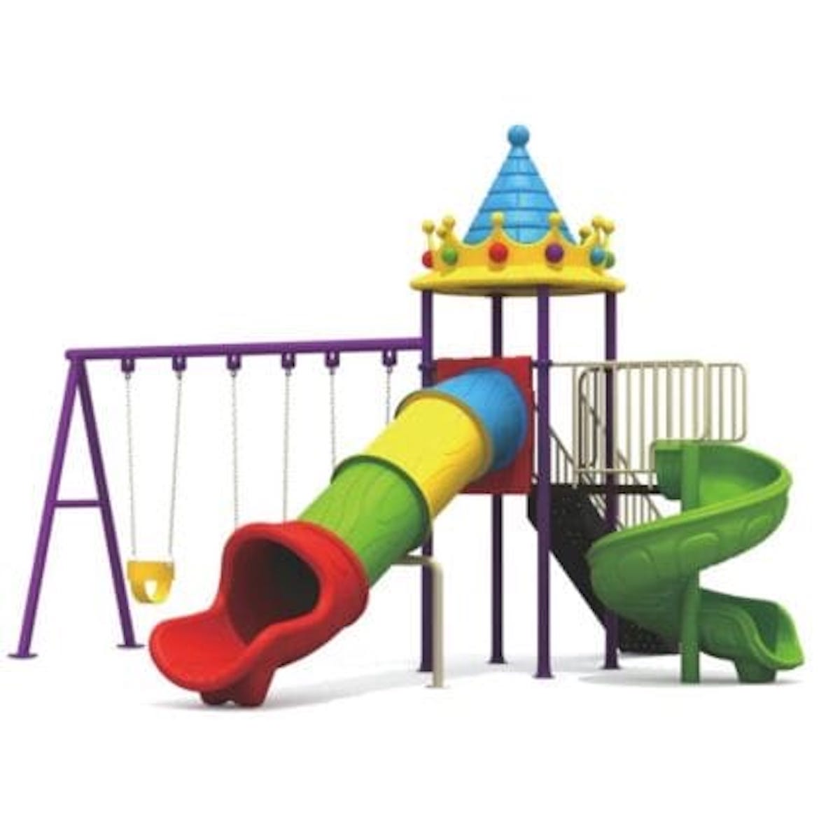 Children’s Outdoor Playground Set with Spiral & Tunnel Slide, Swings and Crown Roof
