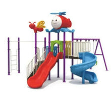 Children's outdoor playground set with red and blue slides and swing frame