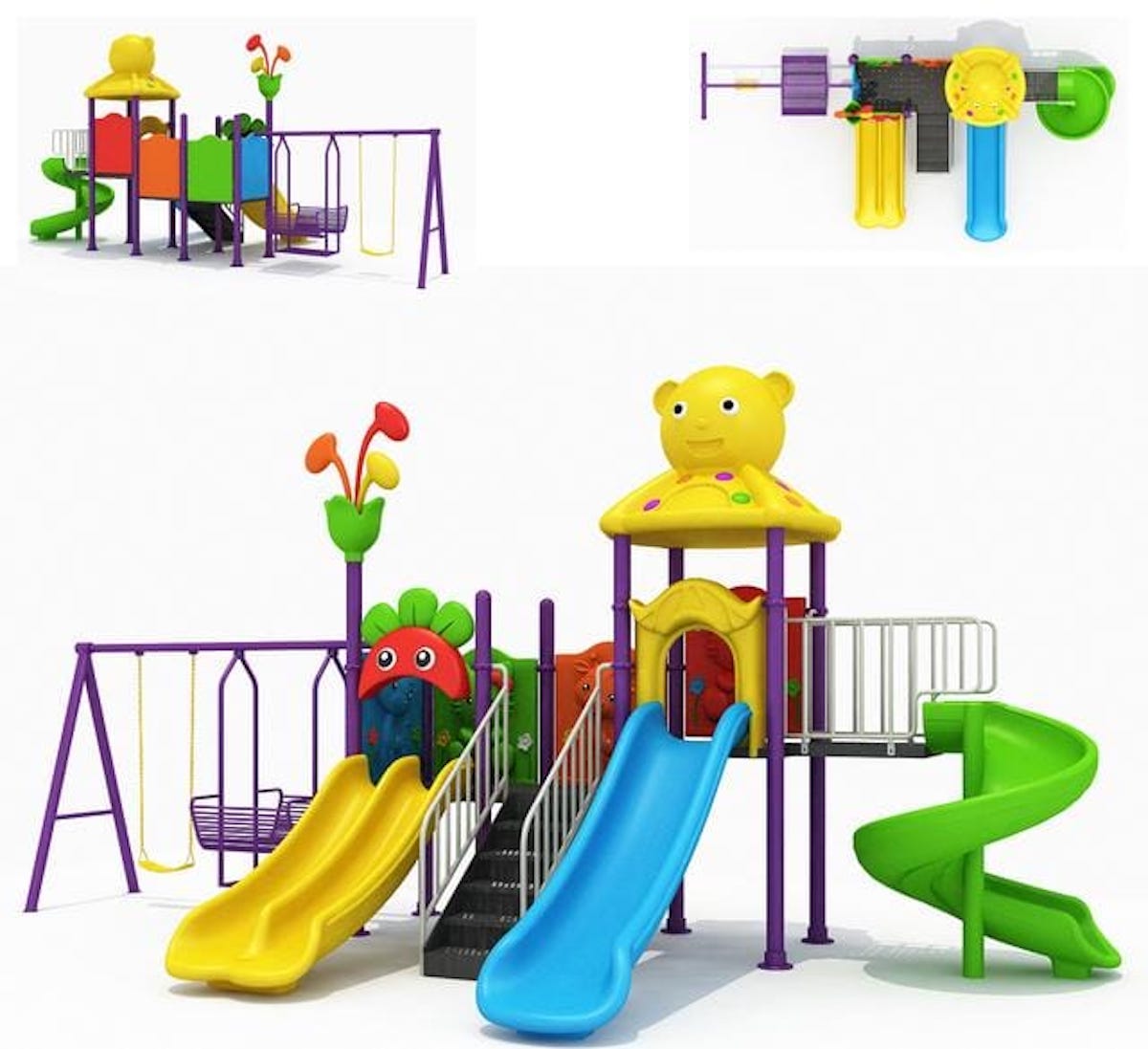 Children’s Outdoor Playground with Double Slides, Swings & Spiral Slide
