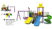 Kids playground set with bear top, yellow and blue slides, green wavy slide, swings