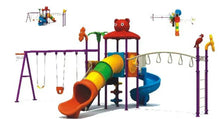 Kids outdoor playground playset with orange and green spiral slide and swing set