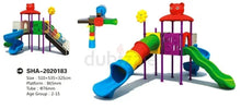 Colorful kids playground with twin slide tubes, purple tower, and side platform