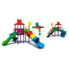 Colorful playground playset with long blue slide, purple tower, green slide, and side stairs