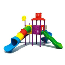 Kids outdoor playground playset with double slides, ladder, and purple tower with bear top
