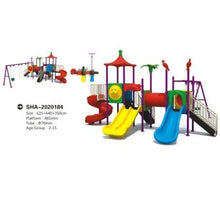 Kids outdoor playground diagram with red roof tower, two slides, and swing and tunnel parts