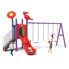 Kids outdoor playground with purple posts, red slide, rope swings, and climbing panel
