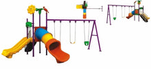 Playground set view with slide, blue tunnel, purple swings, and side platform