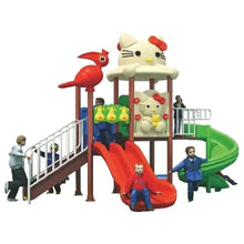 Outdoor playground set with red slide and green spiral slide, Hello Kitty character, rails