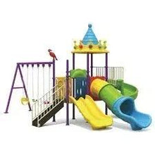 Kids outdoor playground set with castle-style roof, swings, and multi-color slides