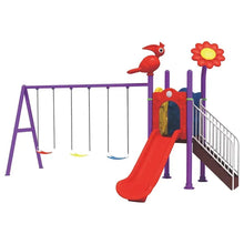 Kids outdoor playground set with purple frame, red slide, and swing seats