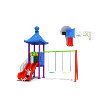 Kids outdoor playground with purple roof, red slide, and two swing seats
