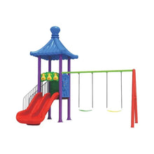 Kids outdoor playground with blue roof, red slide, and two hanging swing seats