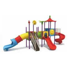Outdoor playground set with red tower, yellow slide, and spiral tunnel
