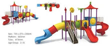 Outdoor playground set with multiple slides, red roof towers, and climbing bars