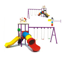 Outdoor playground set with purple frame, yellow slide, red tunnel, and swing bar