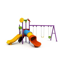 Playground set with orange slide, blue tunnel, and purple swing frame