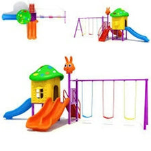 Kids outdoor playground playset with yellow house, green roof, orange slide and swings.