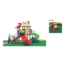 Outdoor playground set with spiral and red slides, guard rails, animal-decorated tower