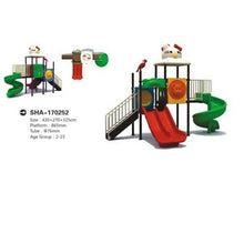 Outdoor playground set with green spiral slide, red chute, small play tower and railings