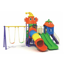 Kids outdoor playground set with slide, swings, tunnel, and climbing tower