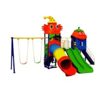 Kids outdoor playground set with slide and swings beside tunnel and tower
