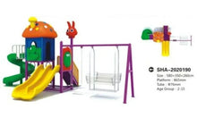 Outdoor playground playset with yellow slide, swing bench, purple frame, and green ladder
