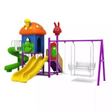 Playground slide and swing set with yellow slide, purple frame, and orange-roof tower