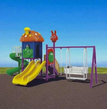 Outdoor playground with orange-roof tower, yellow slide, purple swing frame, and red rabbit figure
