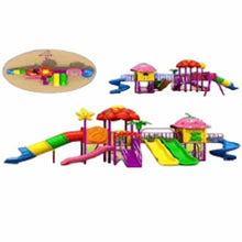 Outdoor playground set with colorful slides, climbing frames, and play towers