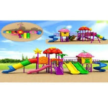 Outdoor playground set with multiple slides, ladders, and activity towers