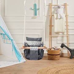 Baby Fabric Swing with Wooden Frame – Grey with Lace Design