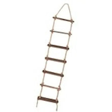 Rope ladder with wooden rungs and beige rope side rails, for climbing